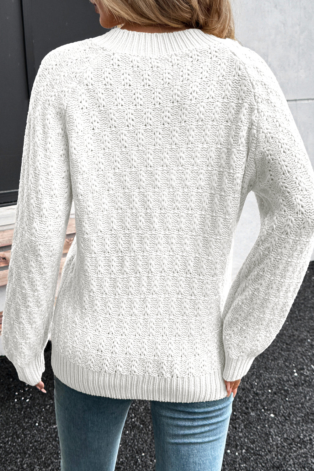 White Textured Knit Ribbed Edge V Neck Loose Sweater - Viraxa
