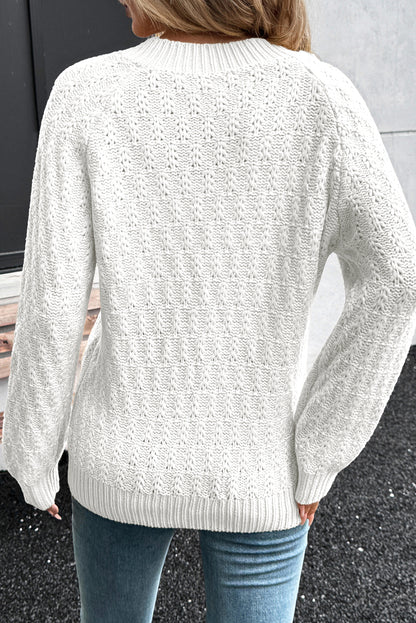 White Textured Knit Ribbed Edge V Neck Loose Sweater - Viraxa
