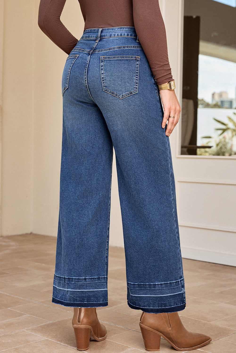 Navy Blue Raw Hem Straight Leg Loose High Waist Jeans