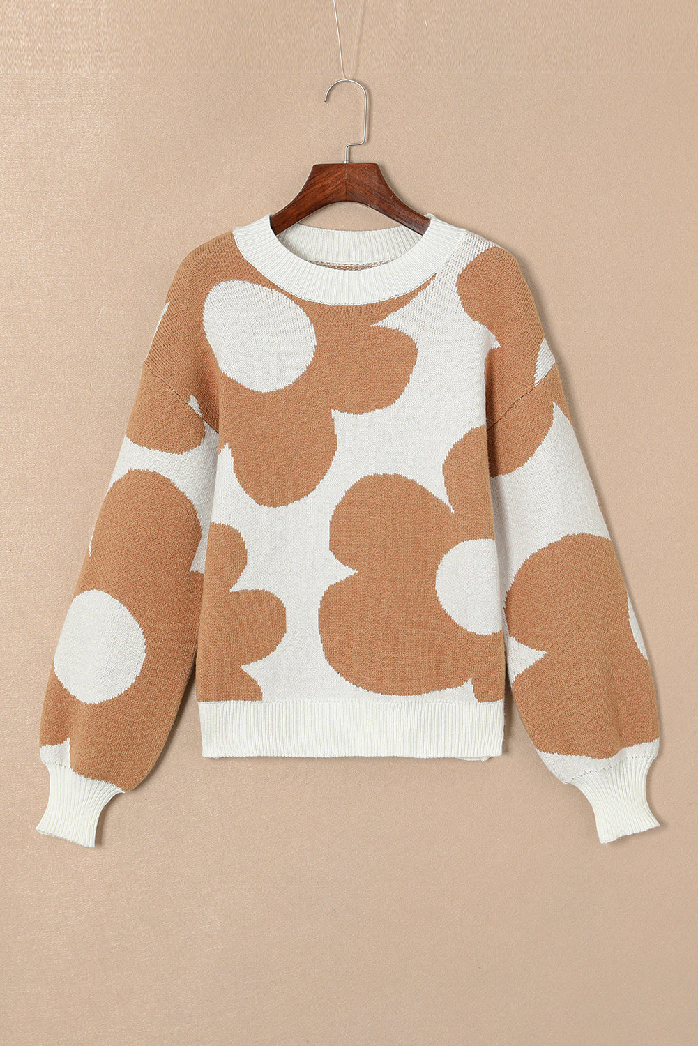Khaki Big Flower Pattern Drop Shoulder Sweater - Viraxa