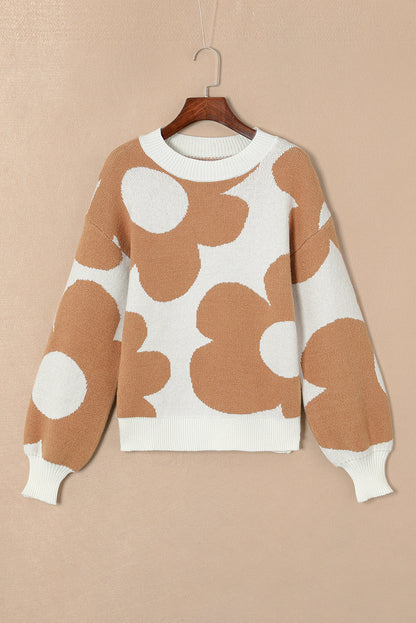 Khaki Big Flower Pattern Drop Shoulder Sweater - Viraxa