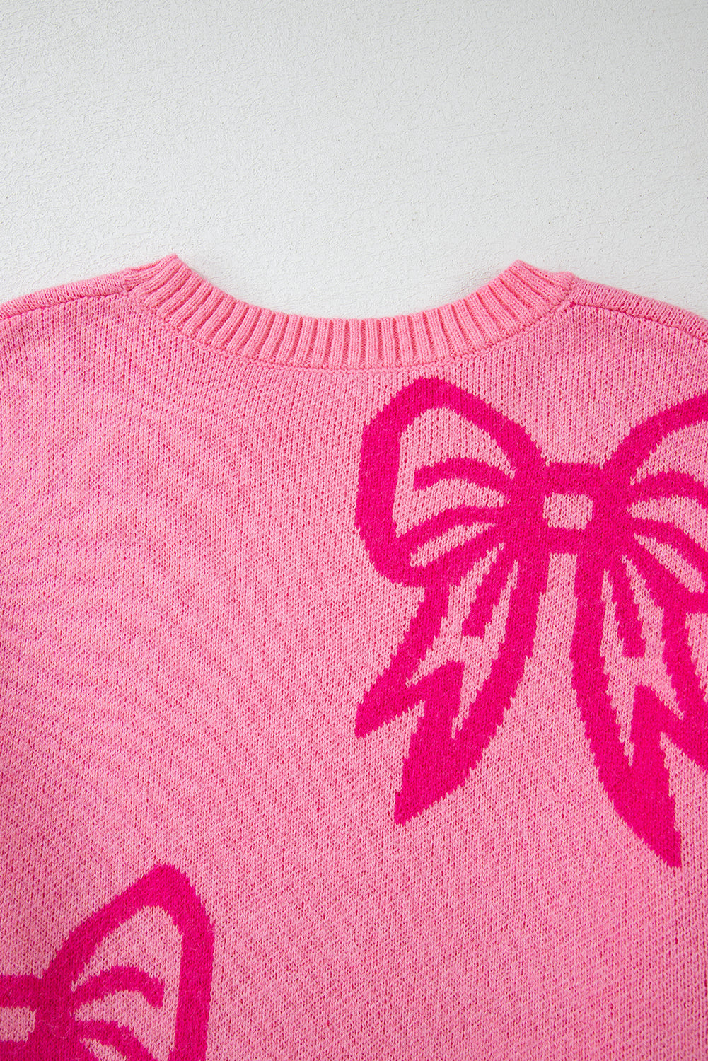 Pink Bow Pattern Drop Shoulder Loose Sweater - Viraxa