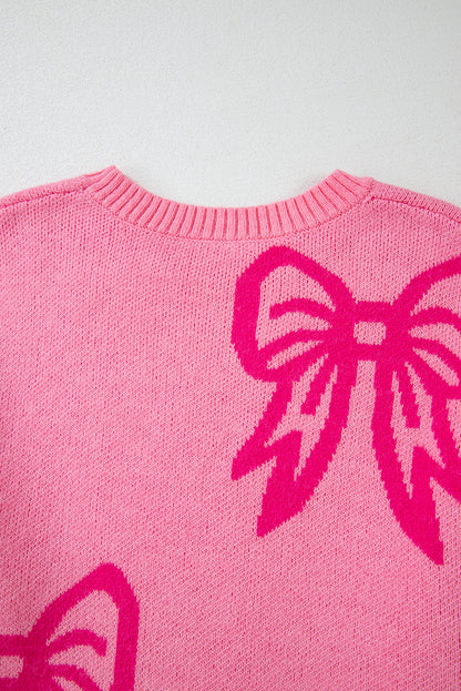 Pink Bow Pattern Drop Shoulder Loose Sweater - Viraxa