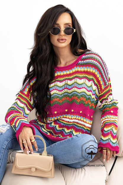 Rose Red Colorblock Striped Hollowed Knit Loose Sleeve Sweater