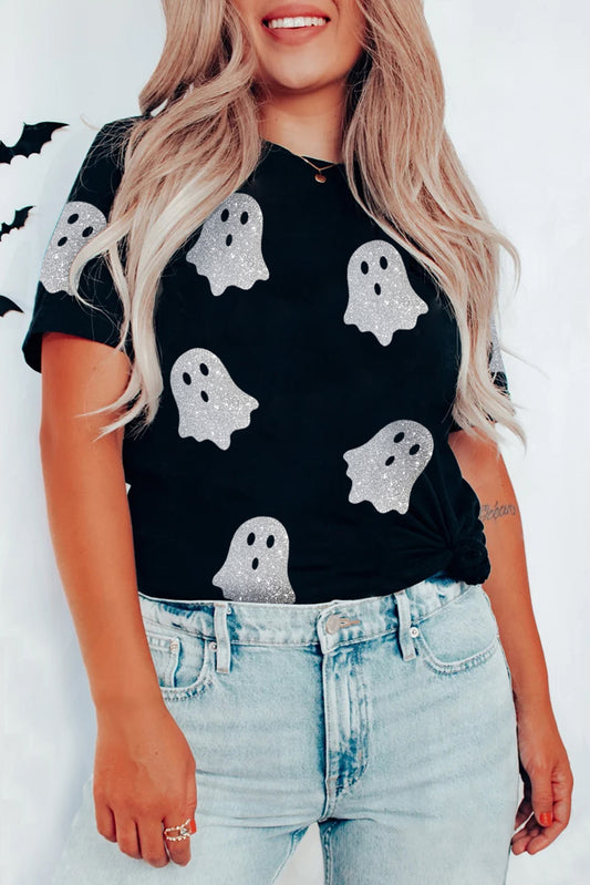 Black Glitter Ghost Pattern Crew Neck Halloween T Shirt - Viraxa
