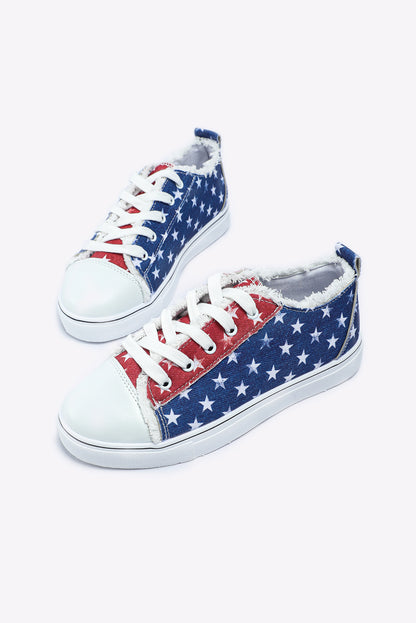 Multicolor American Flag Stars Printed Frayed Detail Lace-up Shoes - Viraxa