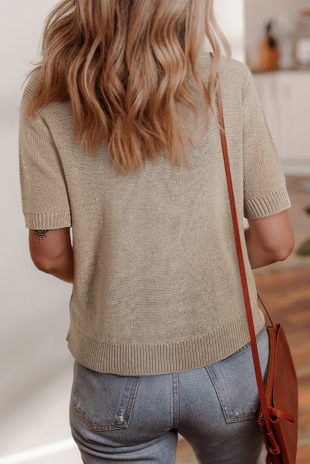 Beige Shiny Knitted Short Sleeve Drop Shoulder Sweater - Viraxa