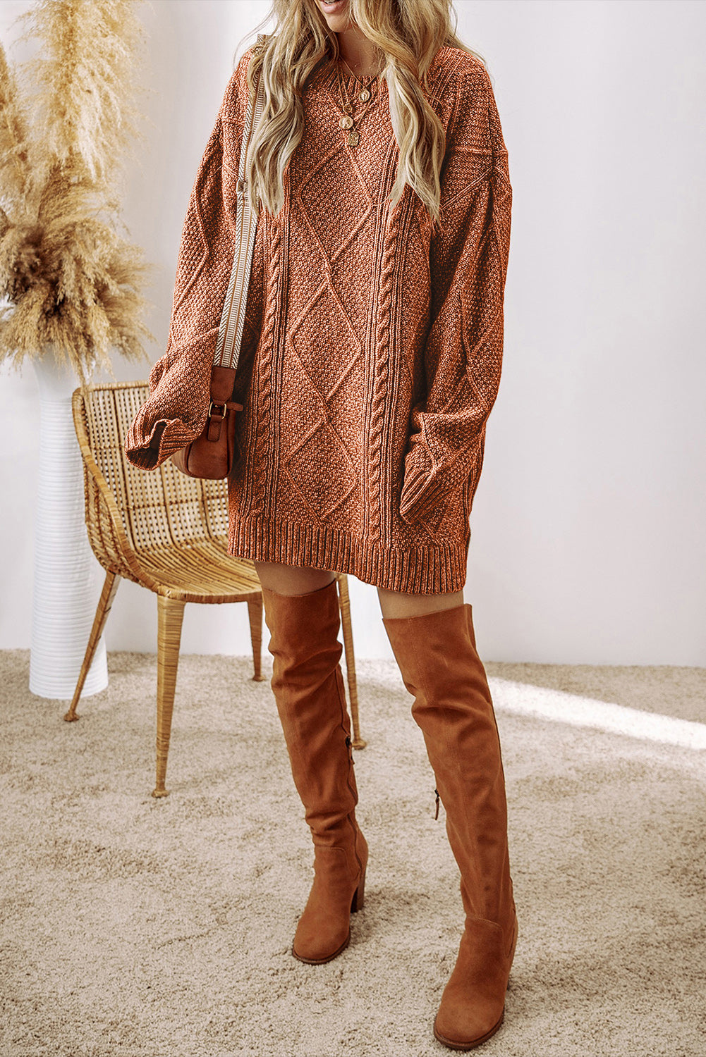 Coffee Cable Knit Drop Shoulder Loose Fit Sweater Dress - Viraxa