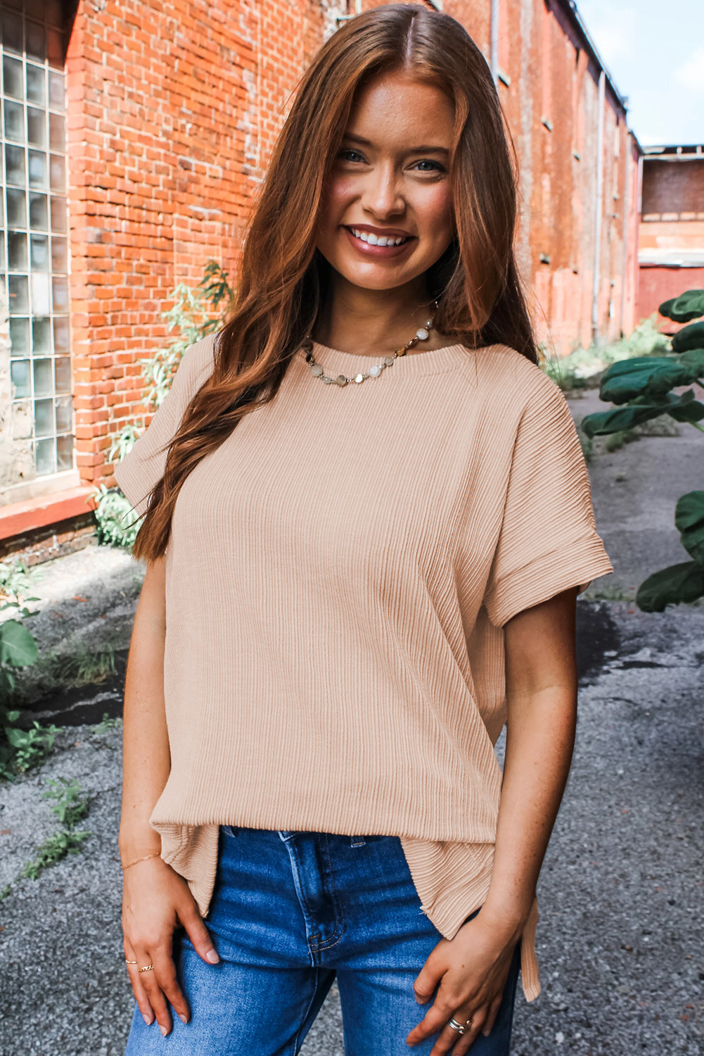 Jet Stream Textured Knit Round Neck Short Sleeve Top - Viraxa