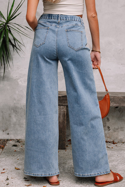 Dusk Blue Medium Wash Super Wide Leg Denim Pants - Viraxa