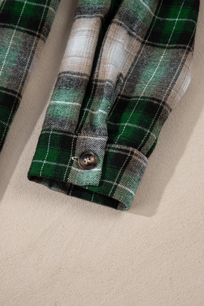 Green Plaid Print Chest Pocket Buttoned Hooded Shacket - Viraxa