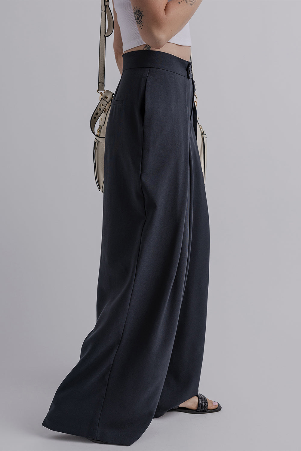 Dirty blue Dual Buttoned High Waist Pleated Wide Leg Pants - Viraxa
