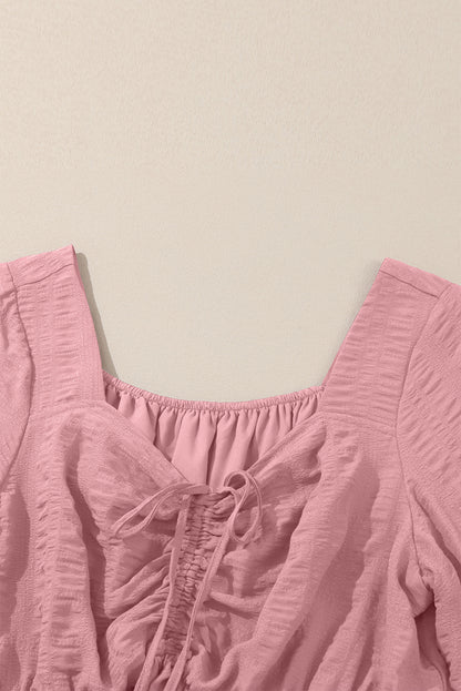 Pink Lace-up Ruched Front Long Sleeve Ruffle Hem Plus Size Midi Dress