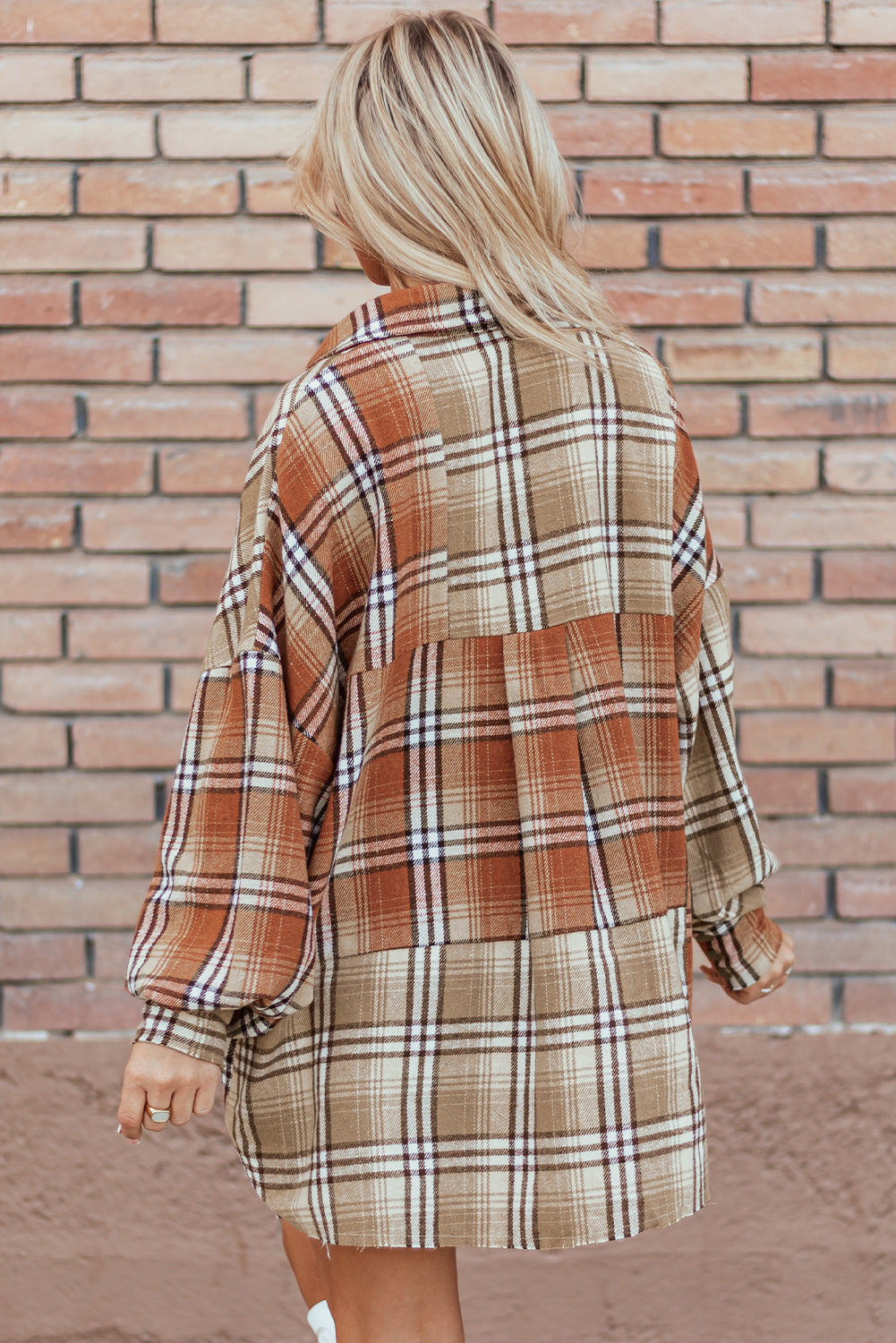 Khaki Plaid Colorblock Patchwork High Low Shacket - Viraxa