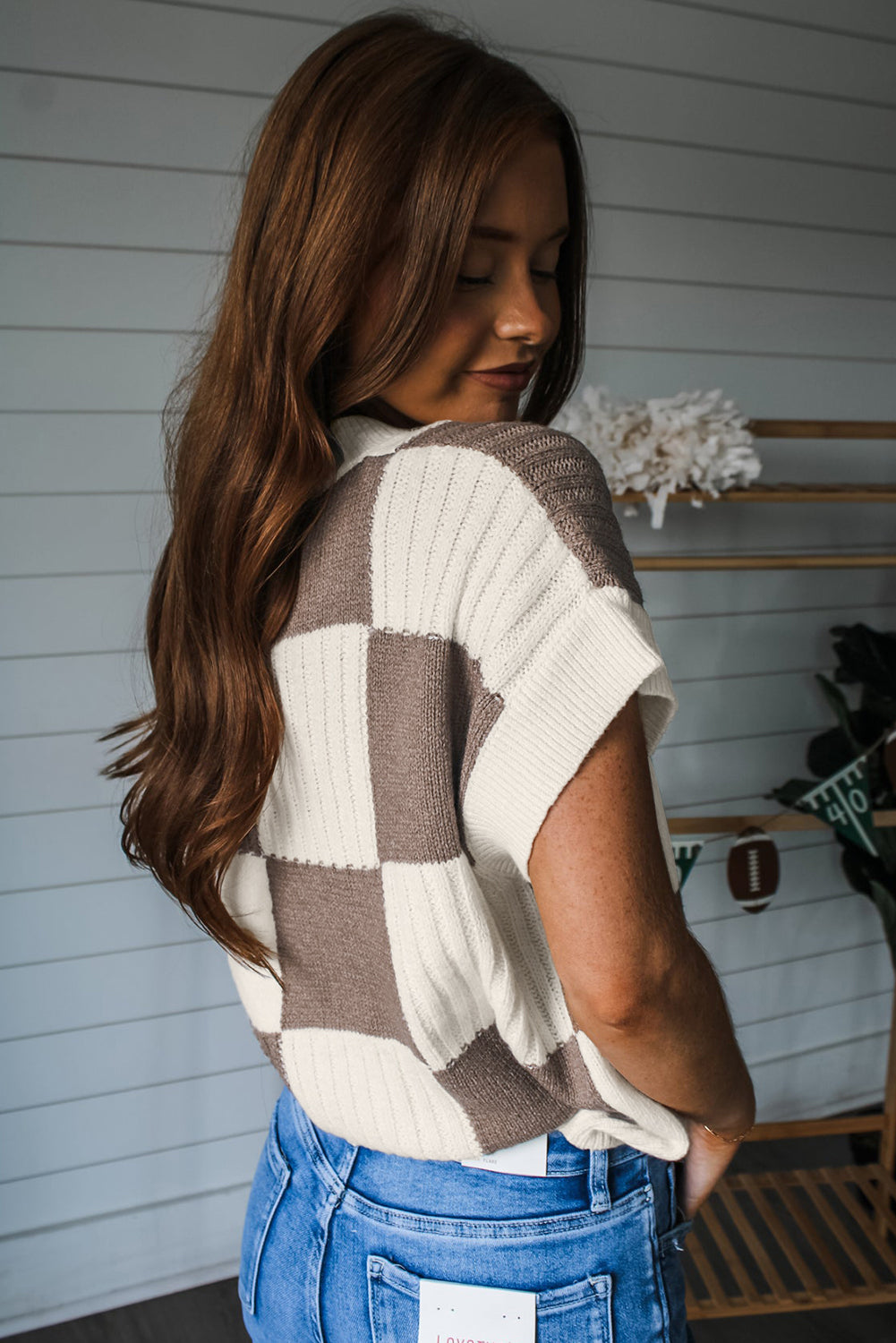 Khaki Checkered Color Block Crew Neck Short Sleeve Sweater - Viraxa