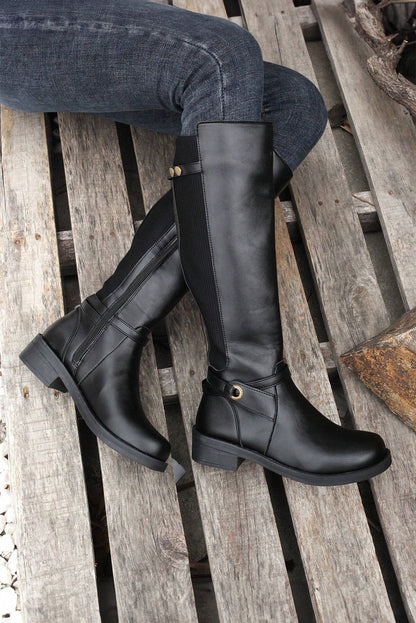 Black Side Zipper Knee High Chunky Low Heel Boots - Viraxa