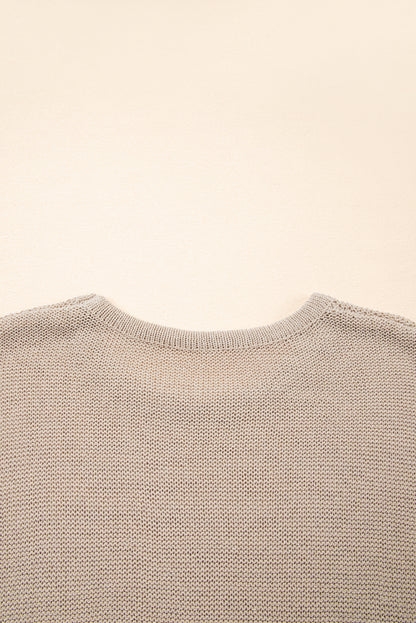 Beige Shiny Knitted Short Sleeve Drop Shoulder Sweater - Viraxa