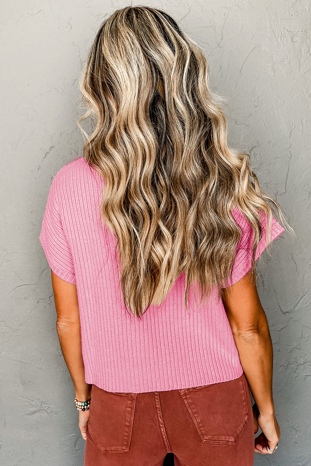 Pink Patch Pocket Ribbed Knit Short Sleeve Sweater - Viraxa