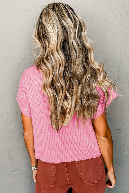 Pink Patch Pocket Ribbed Knit Short Sleeve Sweater - Viraxa