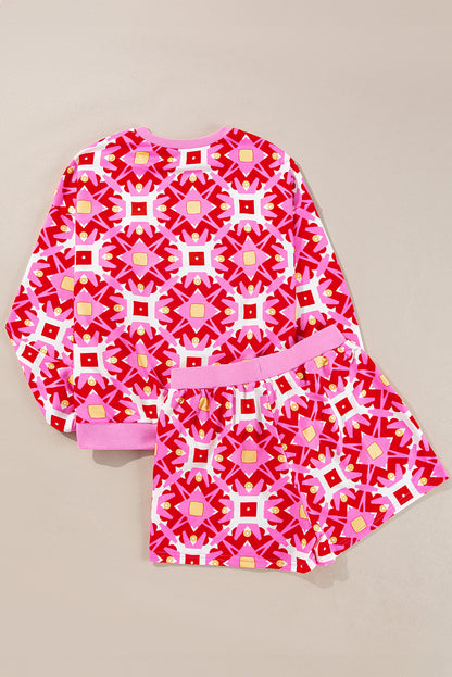 Sachet Pink Geometric Print Long Sleeve Top and Drawstring Shorts Set - Viraxa