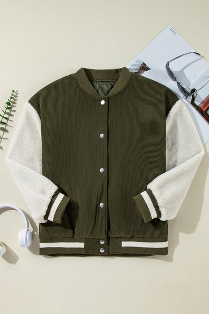 Mist Green Corduroy Fleece Patchwork Buttoned Bomber Jacket - Viraxa