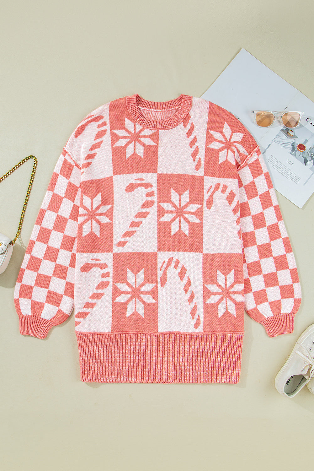 Pink Candycane Snowflake Checker Christmas Holiday Drop Shoulder Tunic Loose Sweater - Viraxa