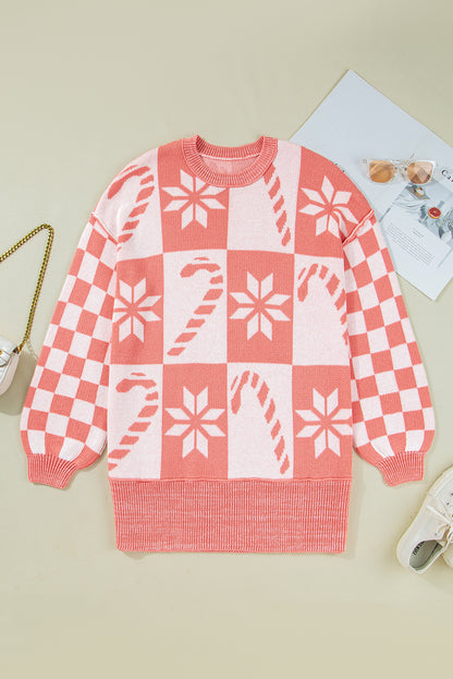 Pink Candycane Snowflake Checker Christmas Holiday Drop Shoulder Tunic Loose Sweater - Viraxa