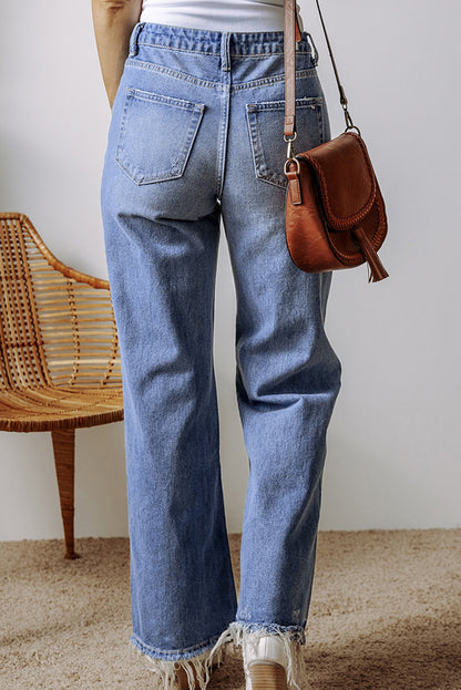 Ashleigh Blue Distressed Raw Hem Straight Leg High Waist Jeans - Viraxa
