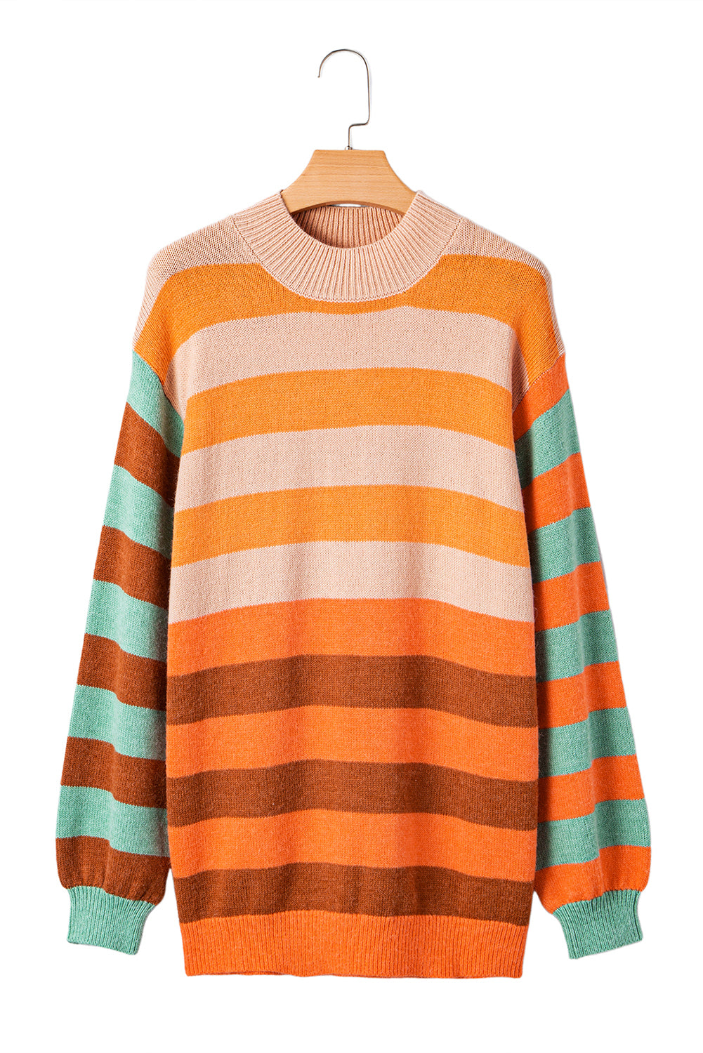 Orange Stripe Color Block High Neck Drop Shoulder Cozy Sweater - Viraxa