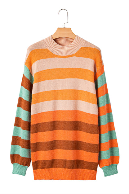 Orange Stripe Color Block High Neck Drop Shoulder Cozy Sweater - Viraxa