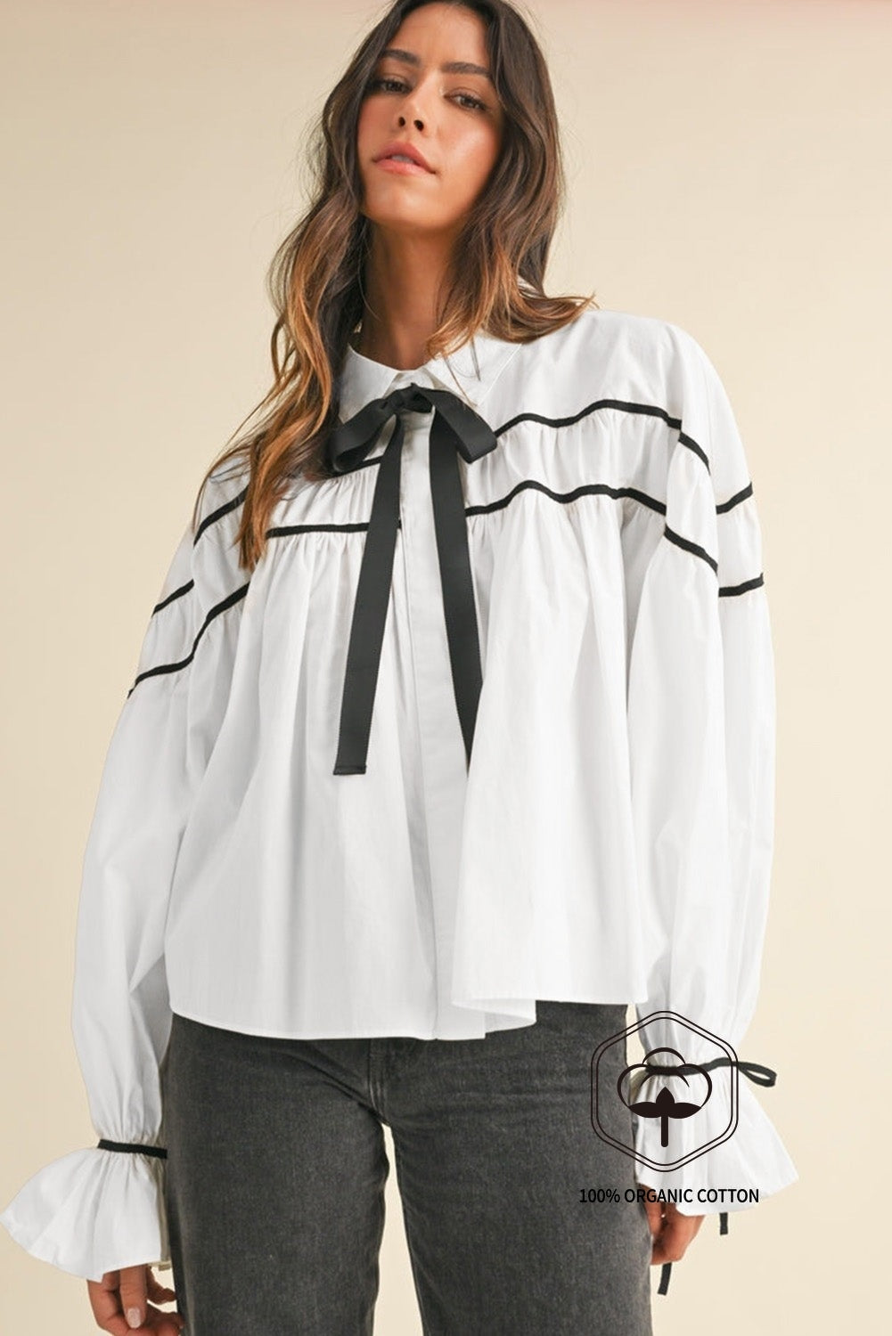 White Black Pipping Ribbon Bowtie Collared Ruffled Puff Sleeve Shirt