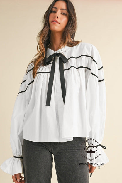 White Black Pipping Ribbon Bowtie Collared Ruffled Puff Sleeve Shirt