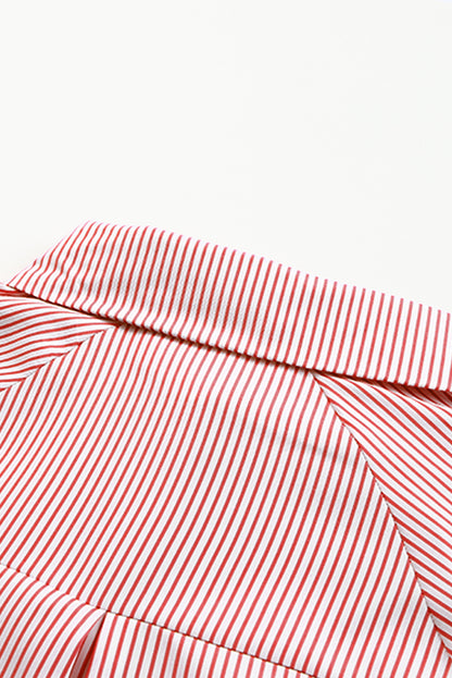 Red Stripe Smocked Cuffed Striped Boyfriend Shirt with Pocket
