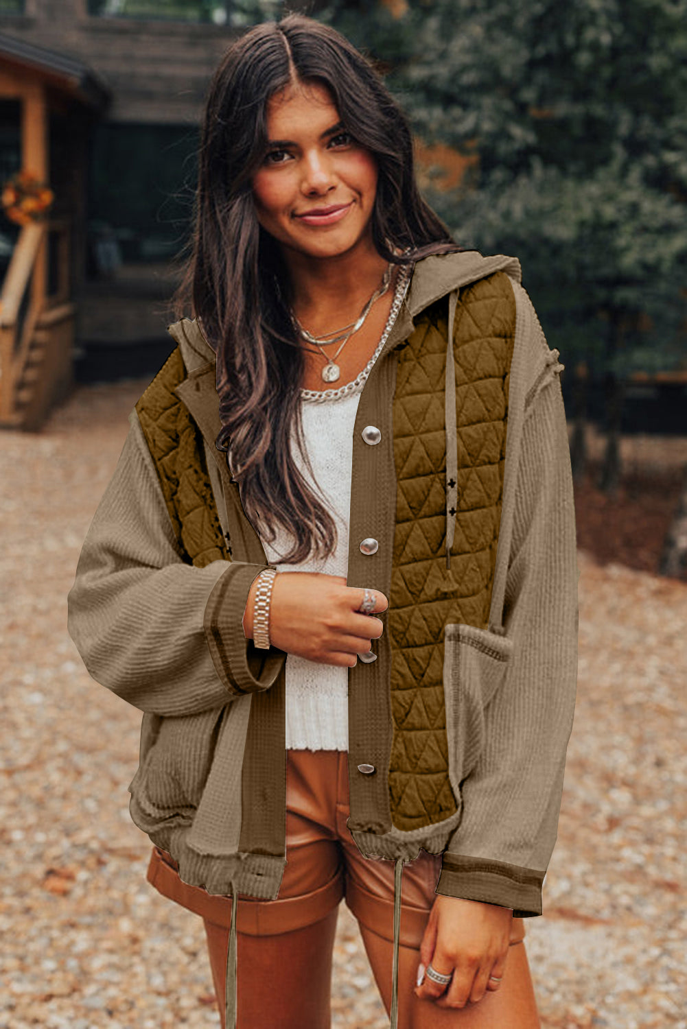 Jungle Green Quilted Textured Patchwork Loose Fit Hooded Jacket - Viraxa