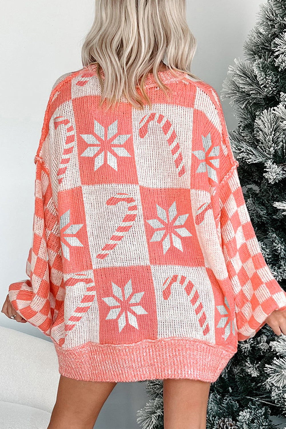Pink Candycane Snowflake Checker Christmas Holiday Drop Shoulder Tunic Loose Sweater - Viraxa