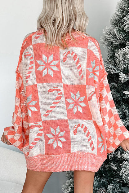Pink Candycane Snowflake Checker Christmas Holiday Drop Shoulder Tunic Loose Sweater - Viraxa