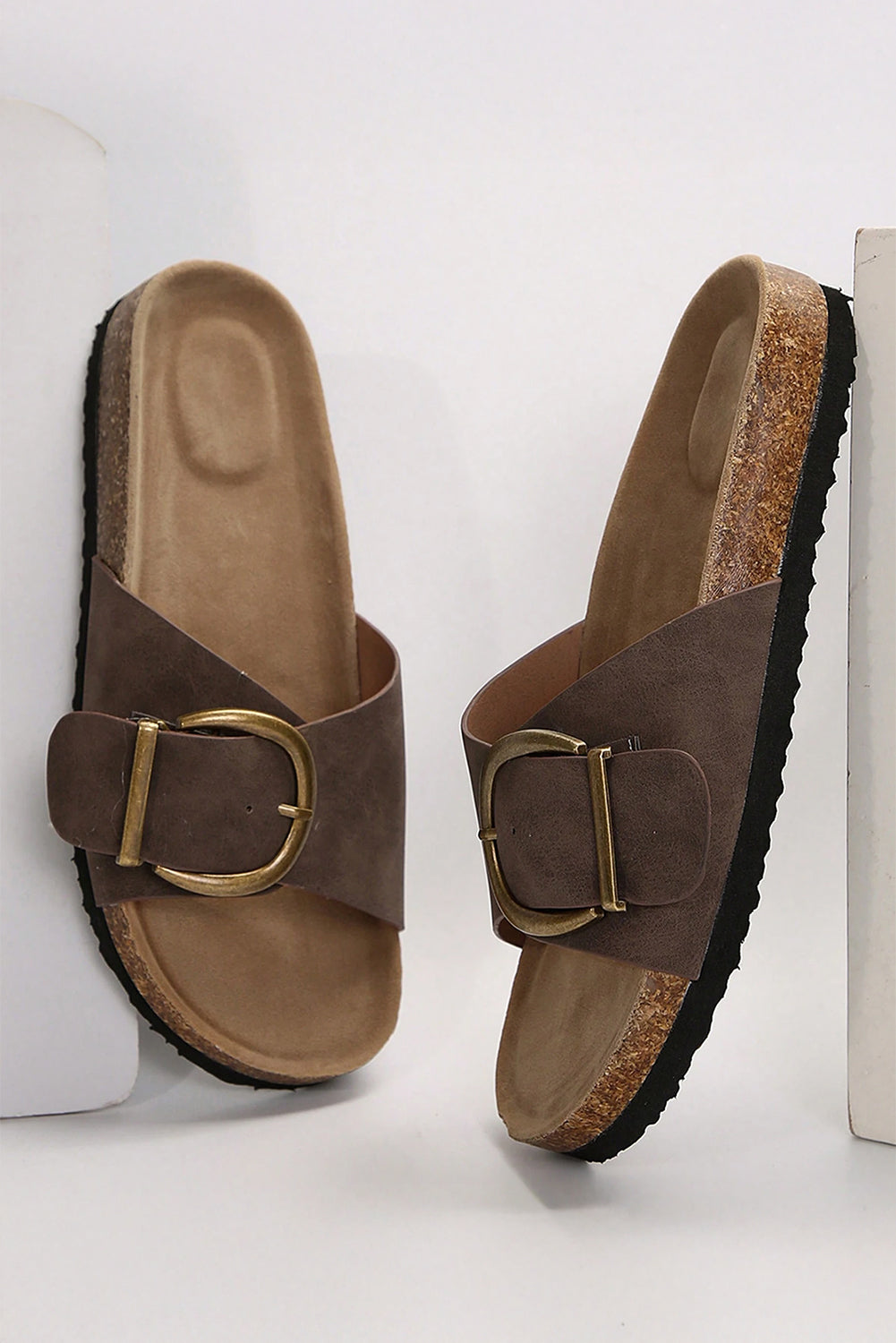Coffee Buckle Decor Faux Suede Thick Sole Slippers - Viraxa