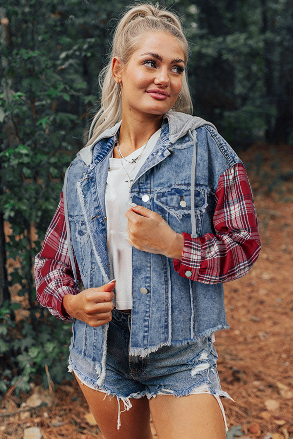 Beau Blue Plaid Print Patchwork Hooded Raw Hem Denim Jacket - Viraxa