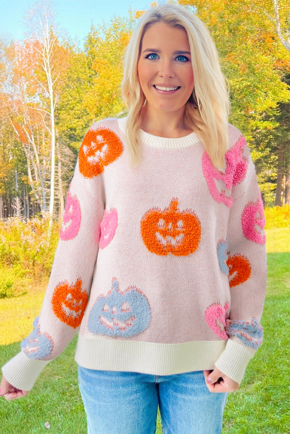 Beige Halloween Cute Pumpkin Pattern Sweater - Viraxa