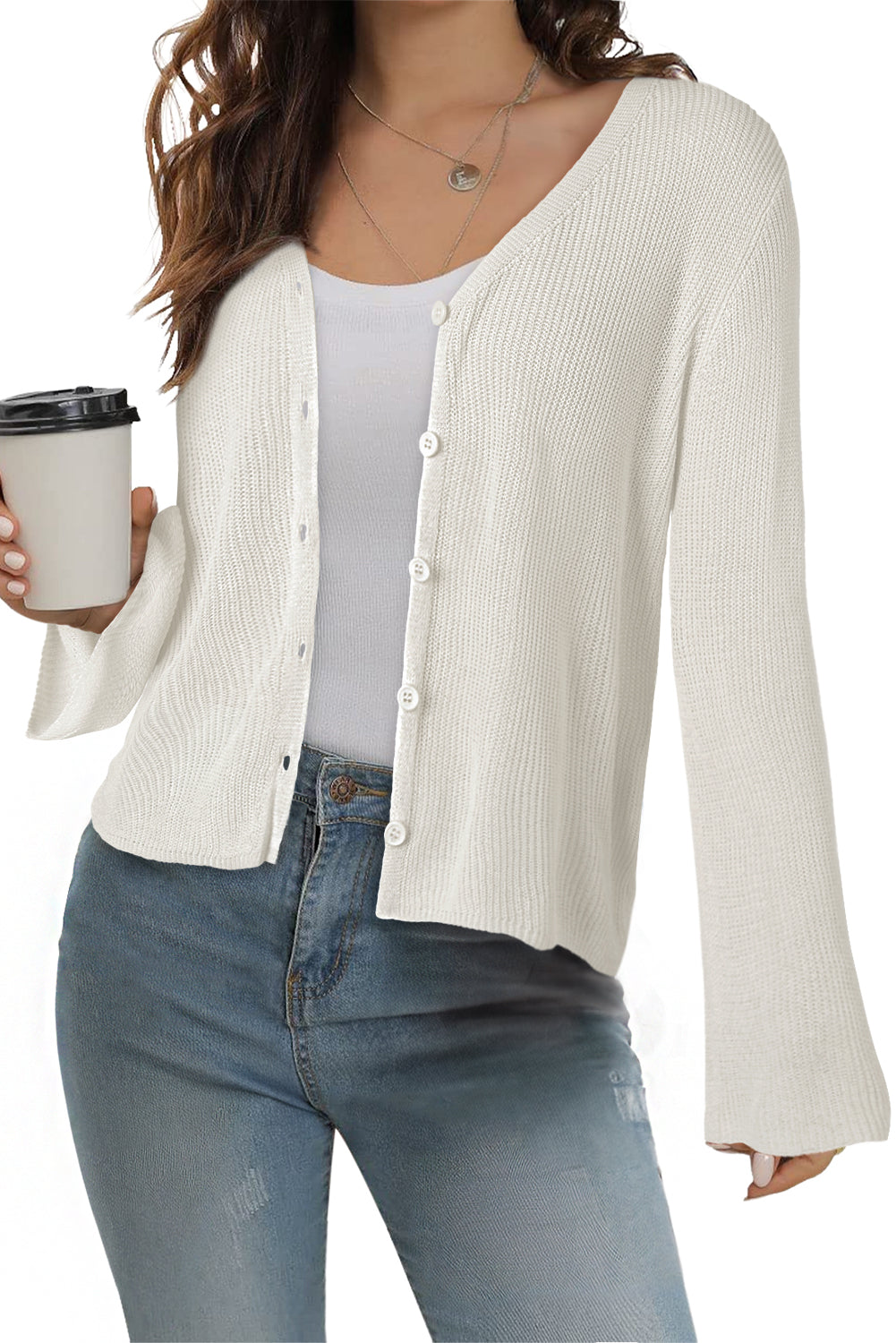 White Lightweight V Neck Button Front Bell Sleeve Cardigan Sweater - Viraxa