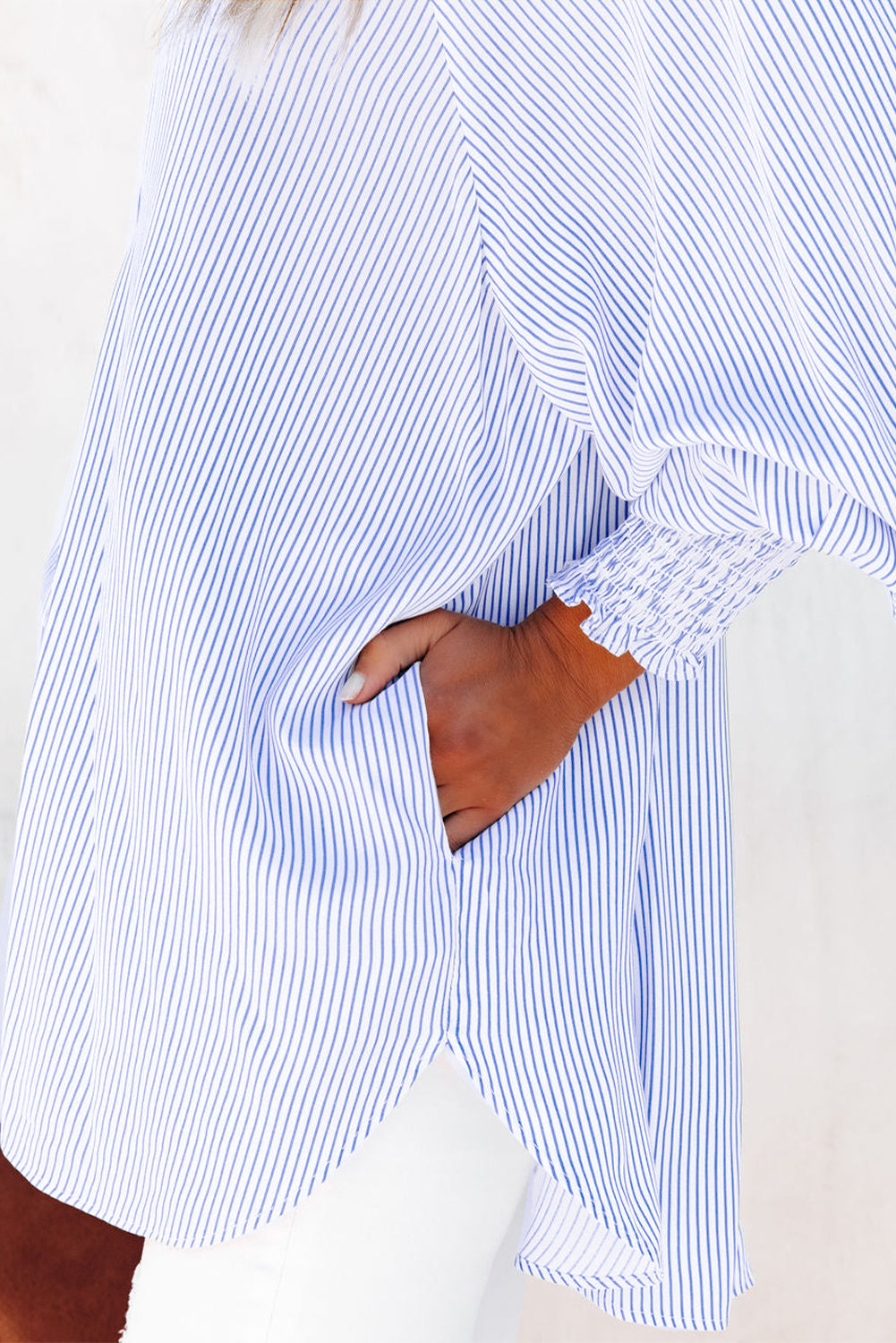 Sky Blue Smocked Cuffed Striped Boyfriend Shirt with Pocket - Viraxa
