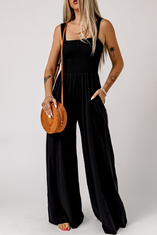 Black Smocked Sleeveless Wide Leg Jumpsuit with Pockets - Viraxa