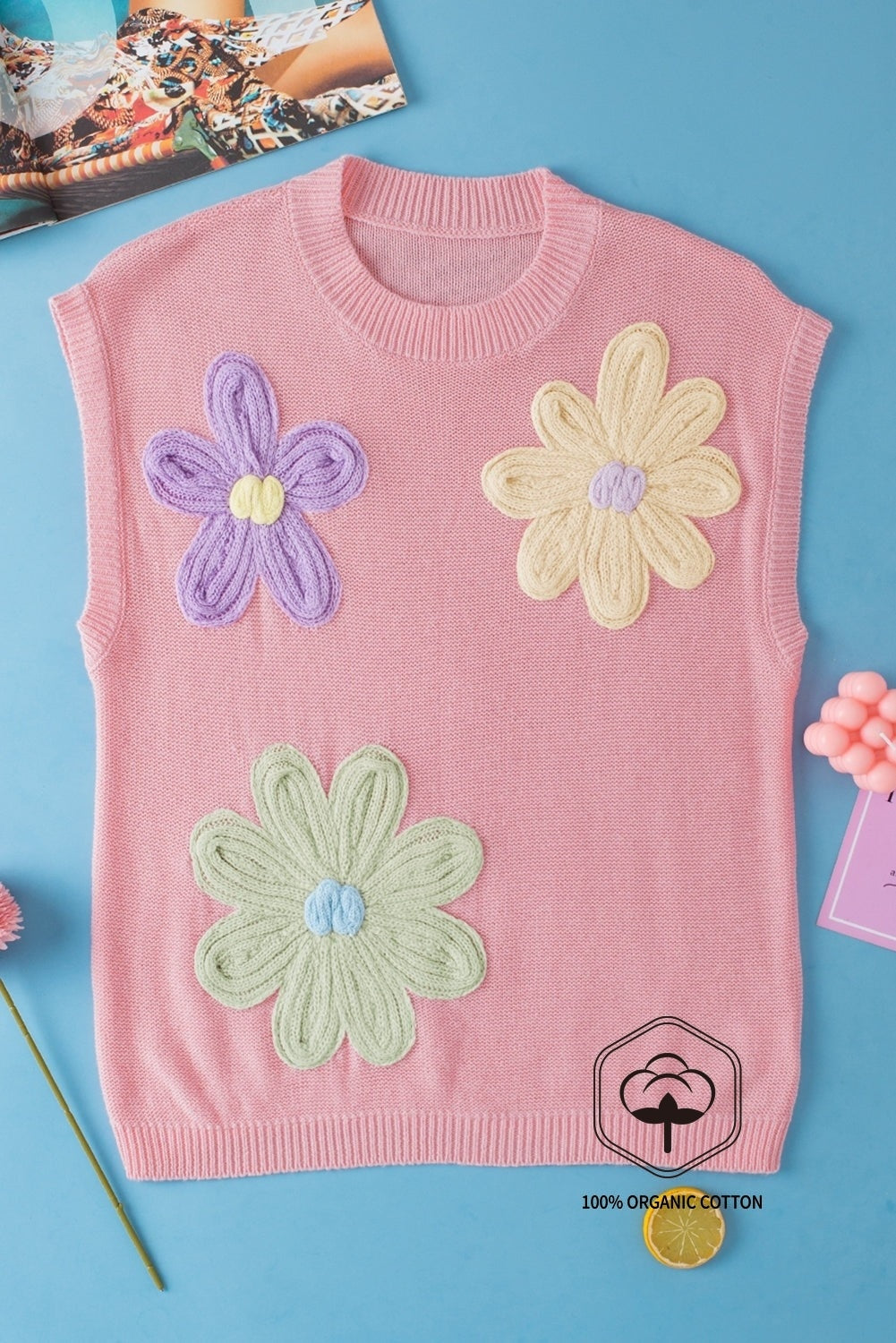 Pink Multi Crochet Flower Knit Short Sleeve Sweater Top