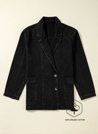 Black Side Pockets Lapel Collar Denim Jacket