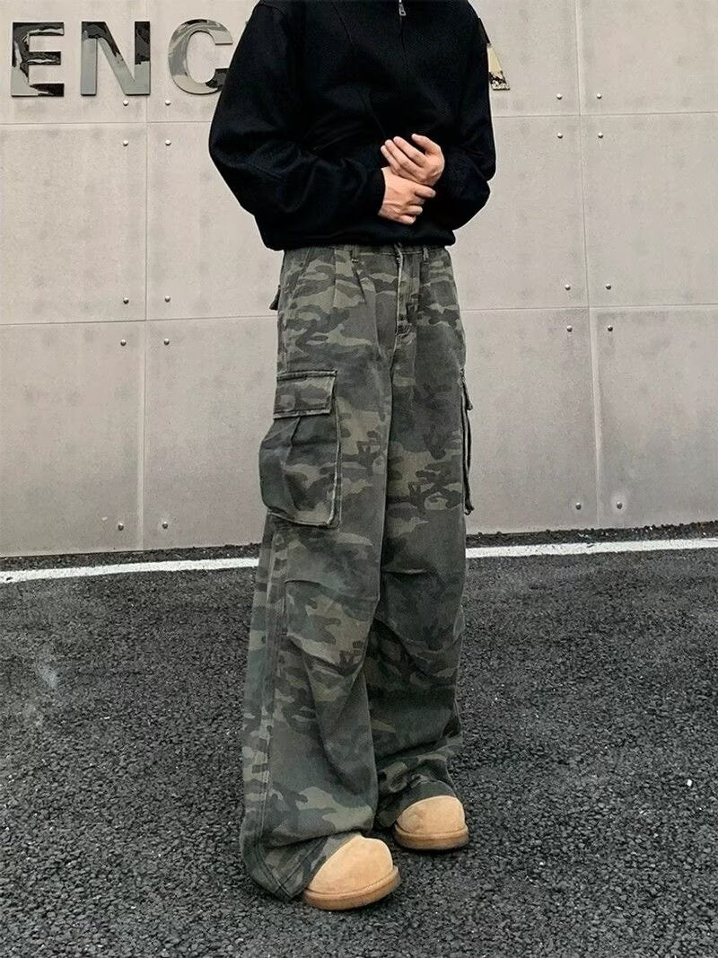 American Vintage Crumpled Multi-pocket Washed Camouflage Cargo Pants