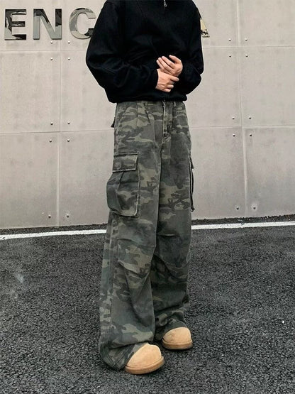 American Vintage Crumpled Multi-pocket Washed Camouflage Cargo Pants