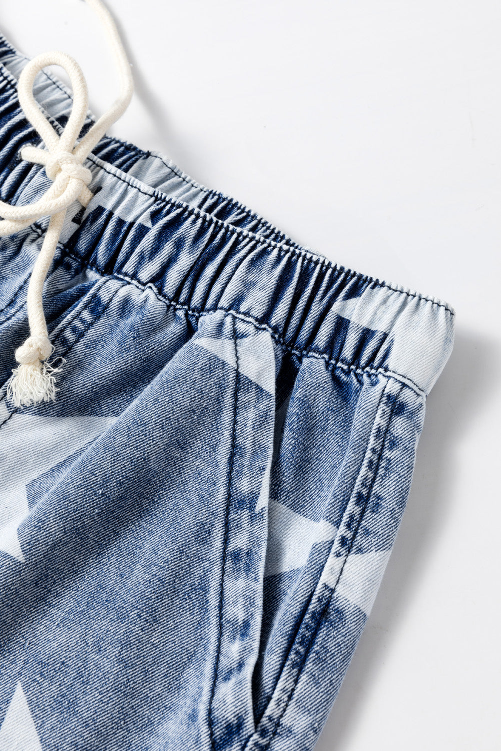 Light Blue Star Print Light Wash Drawstring Elastic Waistband Wide Leg Jeans - Viraxa