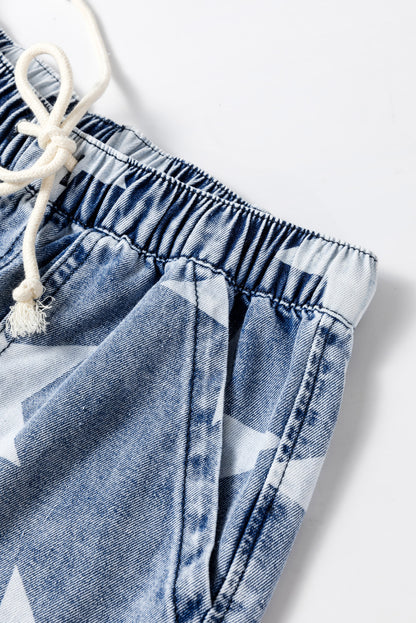 Light Blue Star Print Light Wash Drawstring Elastic Waistband Wide Leg Jeans - Viraxa