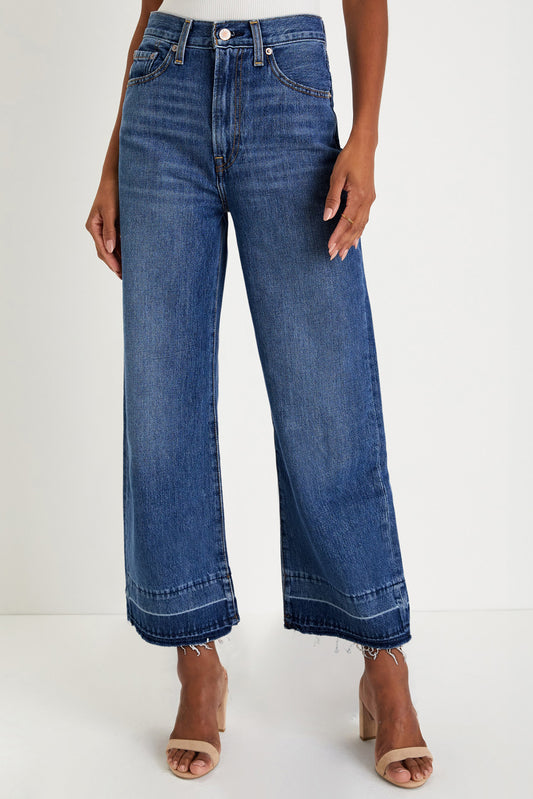 Real Teal Raw Hem Straight Leg Loose High Waist Jeans - Viraxa