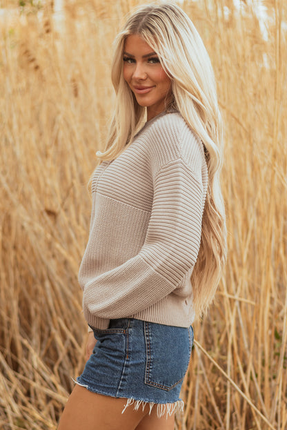Parchment Mixed Texture Patchwork Knitted Puff Sleeve Sweater - Viraxa